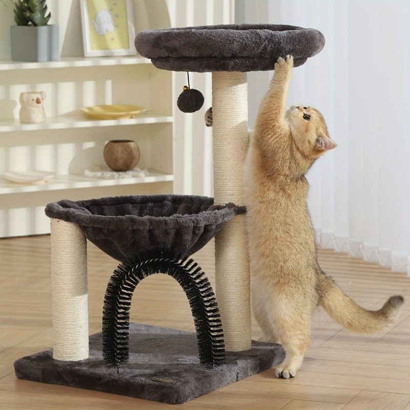FluffyDream 27.8" Multi-Level Cat Tree Tower for Indoor Cats & Kittens - Creamy Gray Cat Furniture with Scratching Posts, Plush Basket & Perch, Dangling Ball Toy, Sturdy Base & Anti-Topple Design - Easy Assembly, Modern Home Decor, Kitten Activity Center - Image 6