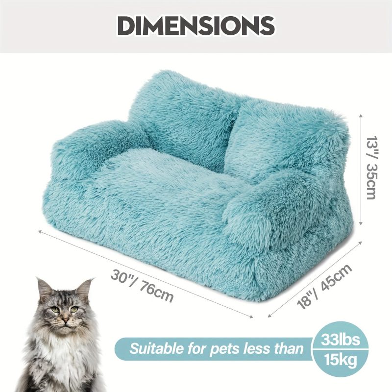 MEWOOFAN Plush Cat Sofa Bed for Cats & Small Dogs - Soft Fluffy Rectangular Pet Sofa with Removable Washable Cover, Durable Wooden Frame, Blue Indoor Comfort for Puppies & Kittens, MEWOOFUN - Image 3
