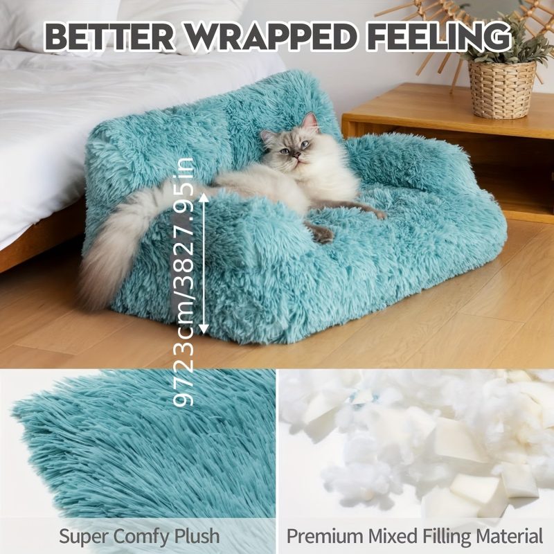 MEWOOFAN Plush Cat Sofa Bed for Cats & Small Dogs - Soft Fluffy Rectangular Pet Sofa with Removable Washable Cover, Durable Wooden Frame, Blue Indoor Comfort for Puppies & Kittens, MEWOOFUN - Image 6