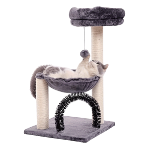 FluffyDream 27.8" Multi-Level Cat Tree Tower for Indoor Cats & Kittens - Creamy Gray Cat Furniture with Scratching Posts, Plush Basket & Perch, Dangling Ball Toy, Sturdy Base & Anti-Topple Design - Easy Assembly, Modern Home Decor, Kitten Activity Center