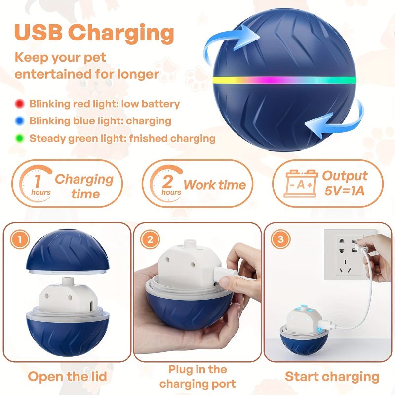 PETGRAVITY Motion-Activated Dog Bouncing Ball, 6. 6cm/2. 62in, USB Rechargeable Lithium Polymer Battery, Interactive Pet Toy for All Breed Sizes, Durable Thermoplastic Rubber, Striped Pattern - Image 5