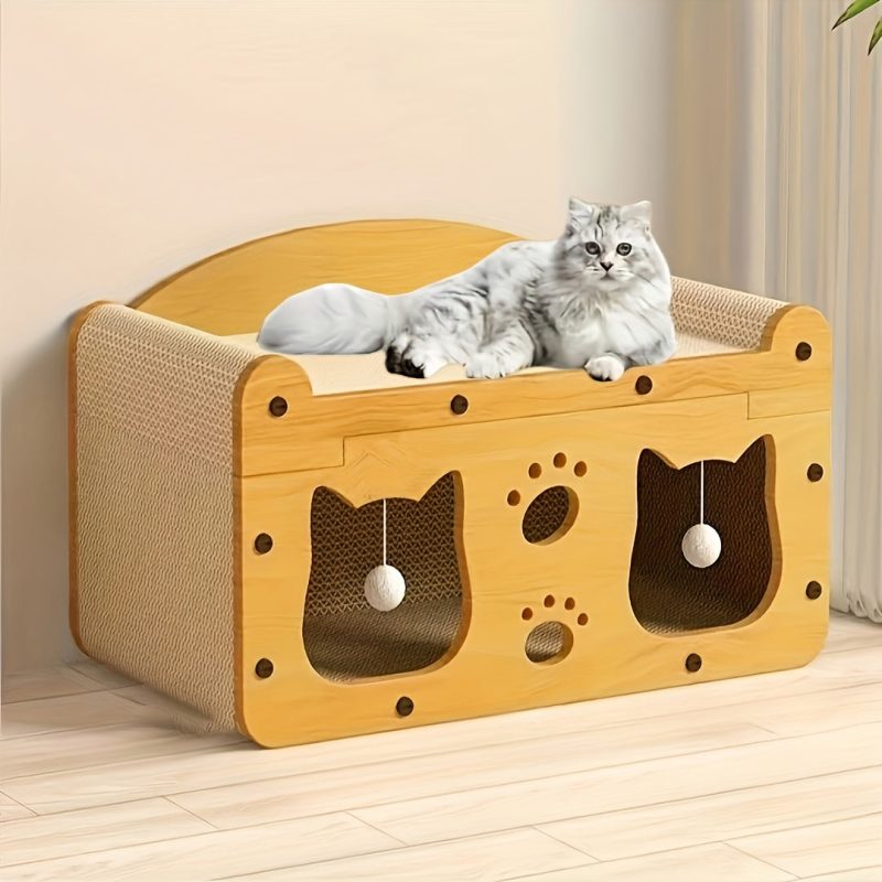 1pc Deluxe Double-Layer Cat Bed with Scratching Board - Durable Cardboard House for Small to Medium Cats with Toy Ball - All-Season Shelter - Image 2