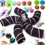 21pcs Cat Tunnel for Indoor Set Collapsible 5 Way Tubes with 20pcs Cat Kitten Toys Interactive Feather Toy Mouse Crink Balls Tube for Puppy Kitten Rabbit Pink Black, Without Battery