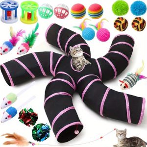 21pcs Cat Tunnel for Indoor Set Collapsible 5 Way Tubes with 20pcs Cat Kitten Toys Interactive Feather Toy Mouse Crink Balls Tube for Puppy Kitten Rabbit Pink Black, Without Battery