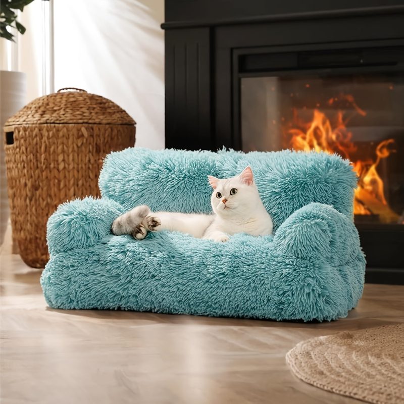 MEWOOFAN Plush Cat Sofa Bed for Cats & Small Dogs - Soft Fluffy Rectangular Pet Sofa with Removable Washable Cover, Durable Wooden Frame, Blue Indoor Comfort for Puppies & Kittens, MEWOOFUN - Image 5