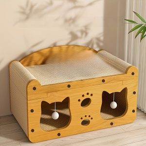 1pc Deluxe Double-Layer Cat Bed with Scratching Board - Durable Cardboard House for Small to Medium Cats with Toy Ball - All-Season Shelter