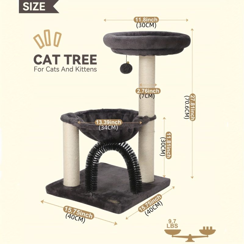FluffyDream 27.8" Multi-Level Cat Tree Tower for Indoor Cats & Kittens - Creamy Gray Cat Furniture with Scratching Posts, Plush Basket & Perch, Dangling Ball Toy, Sturdy Base & Anti-Topple Design - Easy Assembly, Modern Home Decor, Kitten Activity Center - Image 3