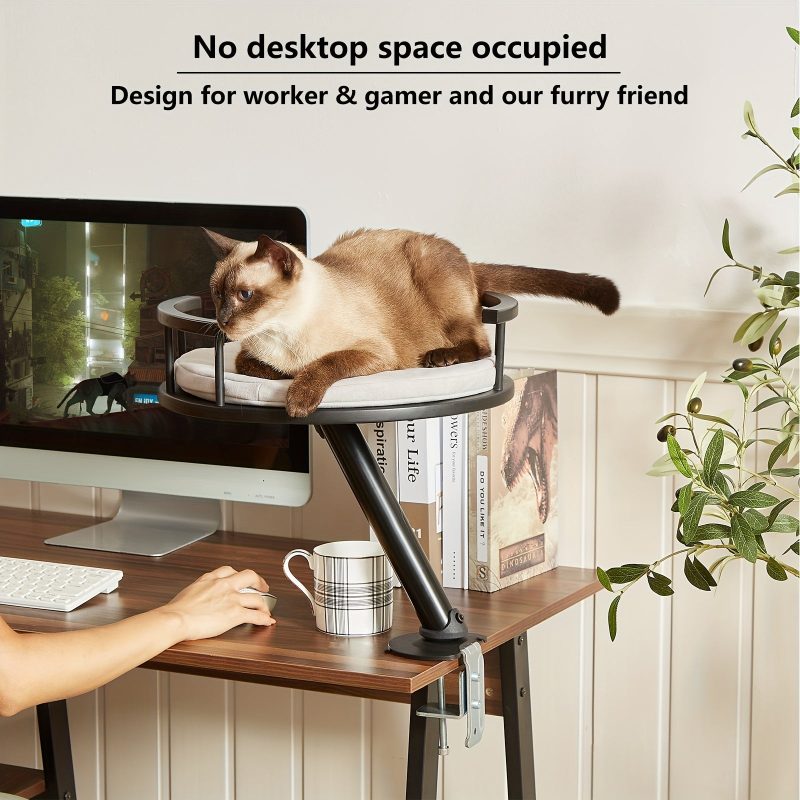 [Desk Cat Bed] Elevated Cat Desk Bed - Mounted Desktop Cat Bed For Home Office, Apartment Indoor Cat Nest Accessories For Work, Kitten Furniture Attachment, WFH Essential Cat Supplies - Image 6