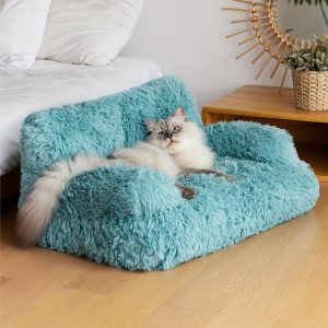 MEWOOFAN Plush Cat Sofa Bed for Cats & Small Dogs - Soft Fluffy Rectangular Pet Sofa with Removable Washable Cover, Durable Wooden Frame, Blue Indoor Comfort for Puppies & Kittens, MEWOOFUN