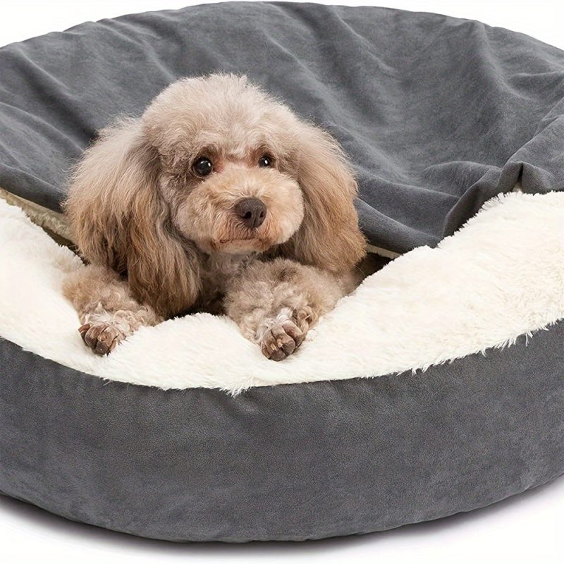 [Machine Washable Non-Slip Pet Bed] 1pc Cozy Pet Sack Bed with Hood - Plush Velvet Dog Cat Cave Cuddler, Polyester Fiber Fill, Non-Slip Bottom, Machine Washable, Calming Pet Bed for Small to Medium Dogs and Cats